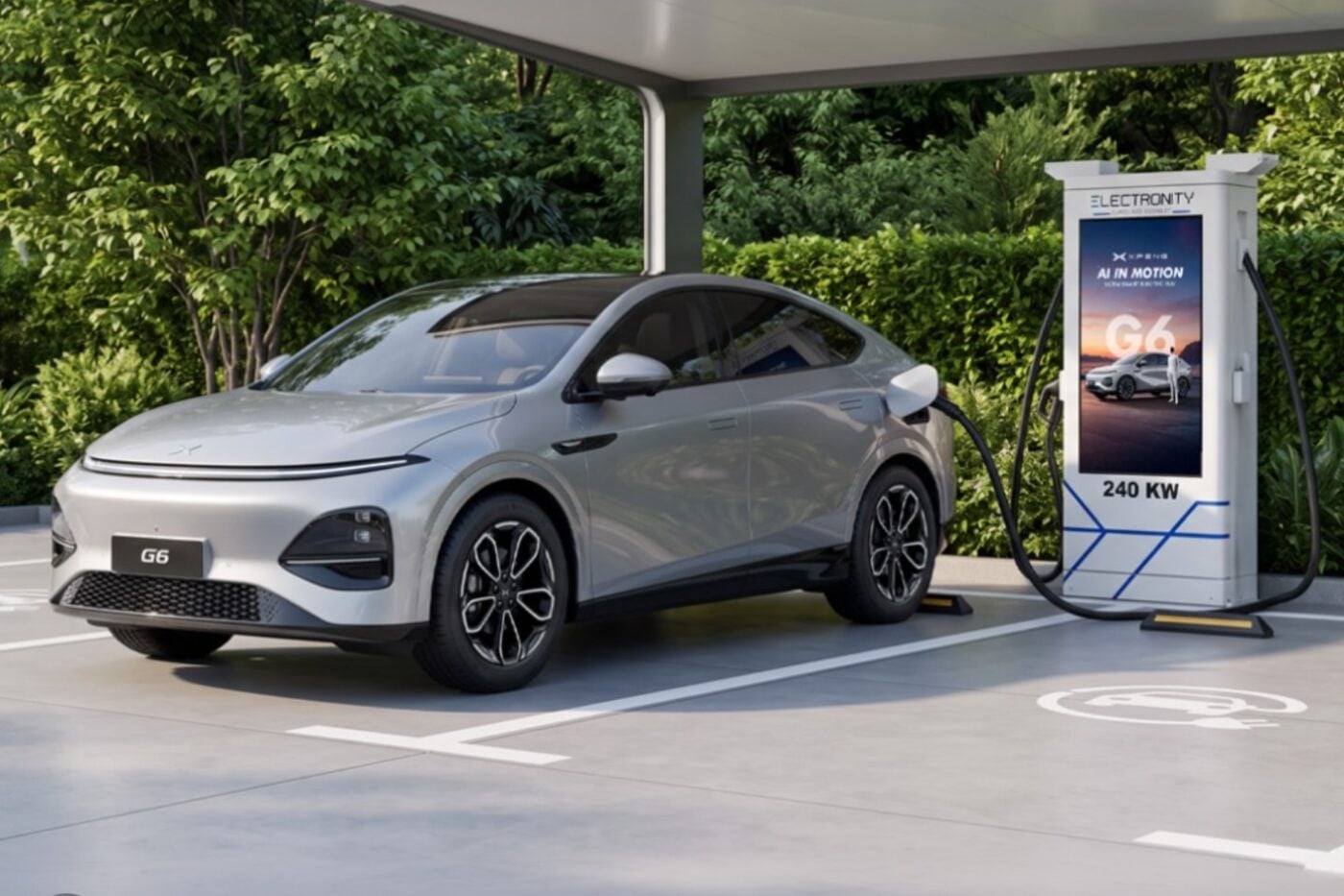 Meksika'da bir elektrikli araç şarj istasyonu, Xpeng modeli bir SUV şarj oluyor