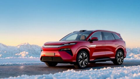 Paris Otomobil Fuarı'nda sergilenen büyük bir elektrikli SUV, fuar ışıkları altında şık bir görünüm sergiliyor.