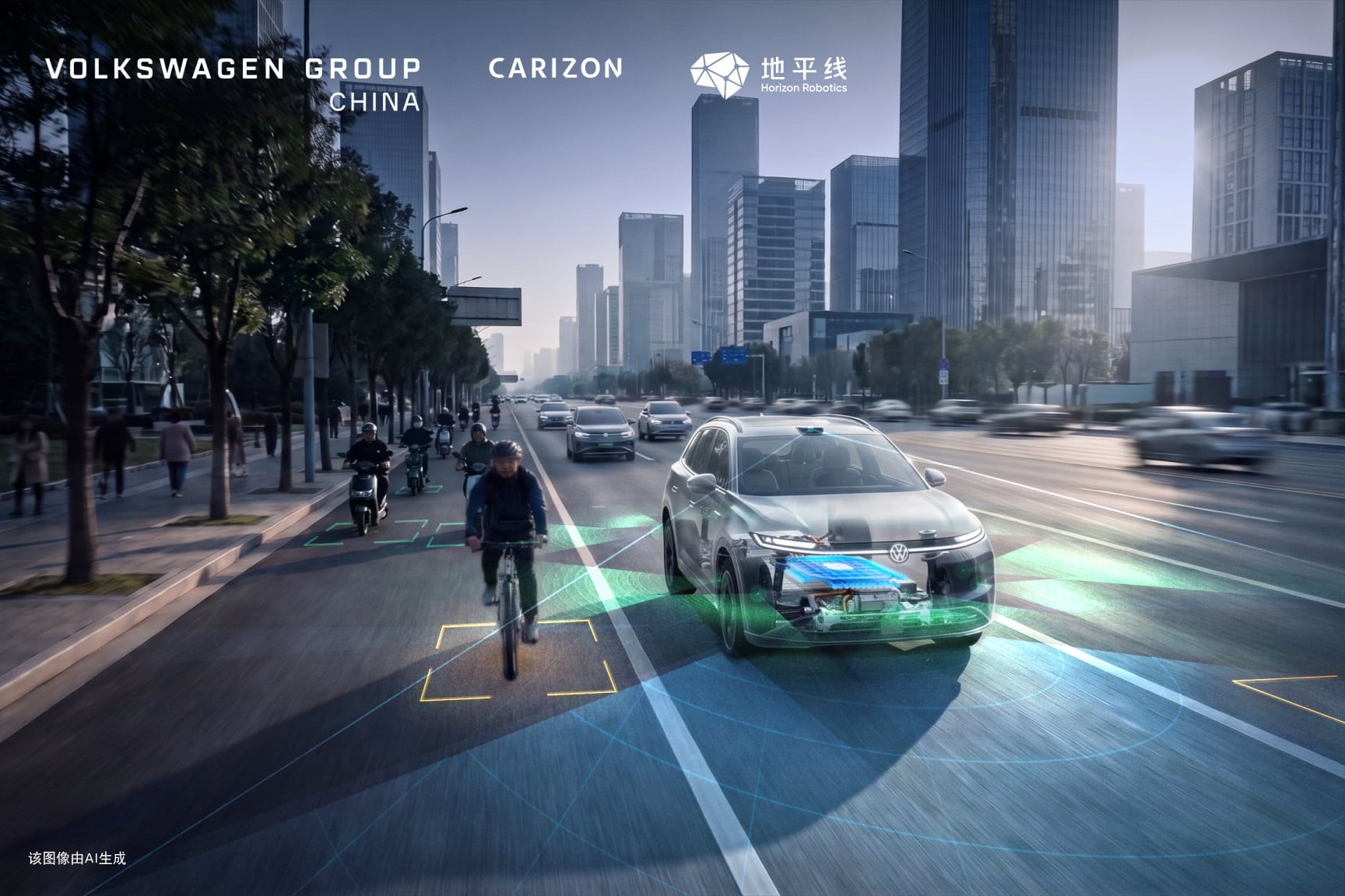 Volkswagen Seviye 3 otonom sürüş test aracı, Hefei'de şehir içi yolda seyrediyor.