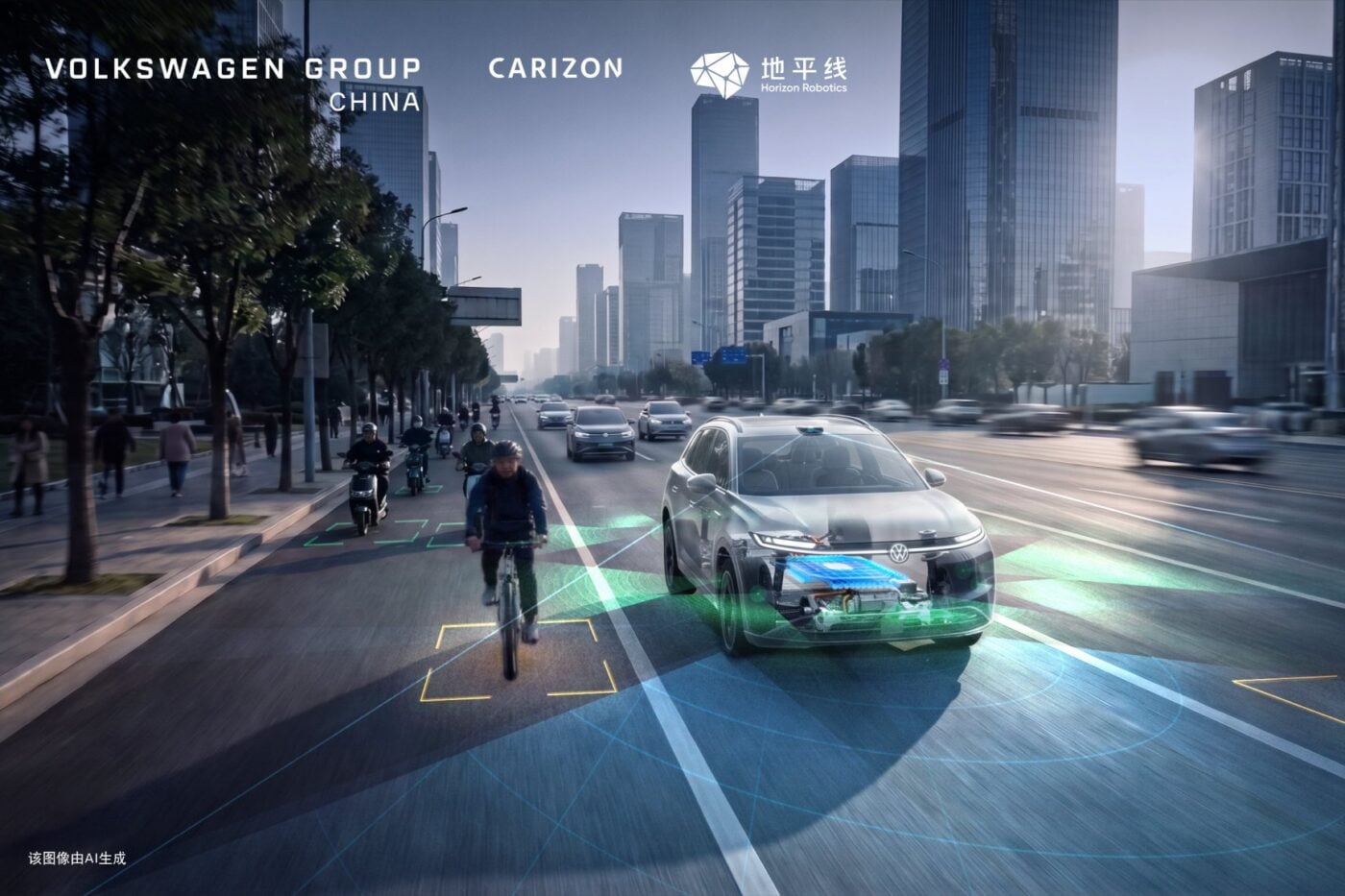 Volkswagen Seviye 3 otonom sürüş test aracı, Hefei'de şehir içi yolda seyrediyor.
