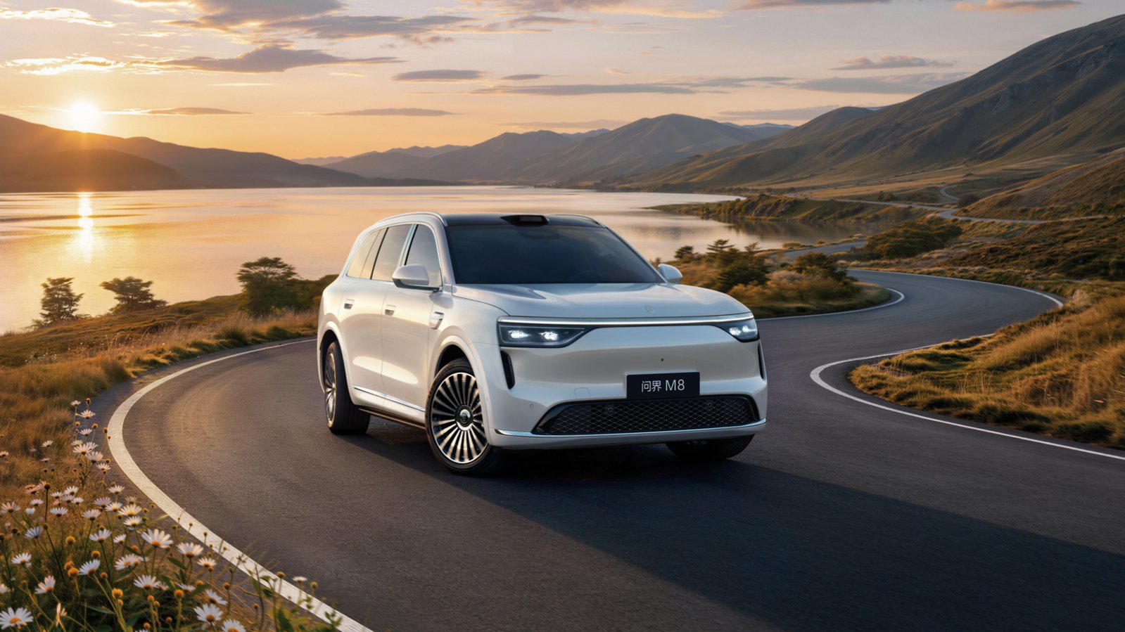 Güncellenmiş Aito M8 SUV, otoyolda otonom sürüş modunda ilerlerken görülüyor.