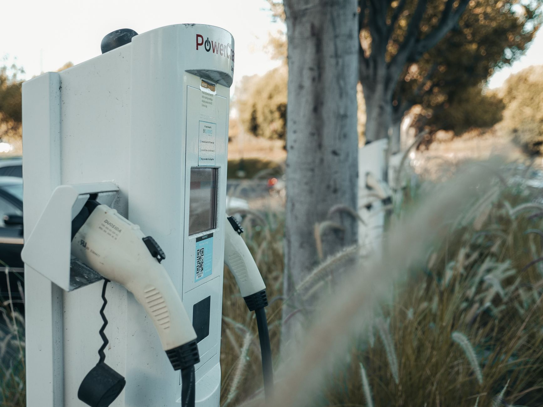 California'da güneş panelli bir şarj istasyonu ve yanında park halinde elektrikli araçlar.