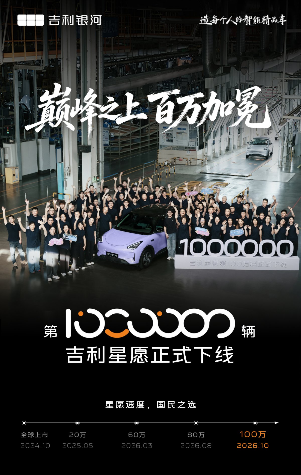 Geely Xingyuan elektrikli otomobilin banttan inen bir milyonuncu aracının üretim hattındaki genel görüntüsü