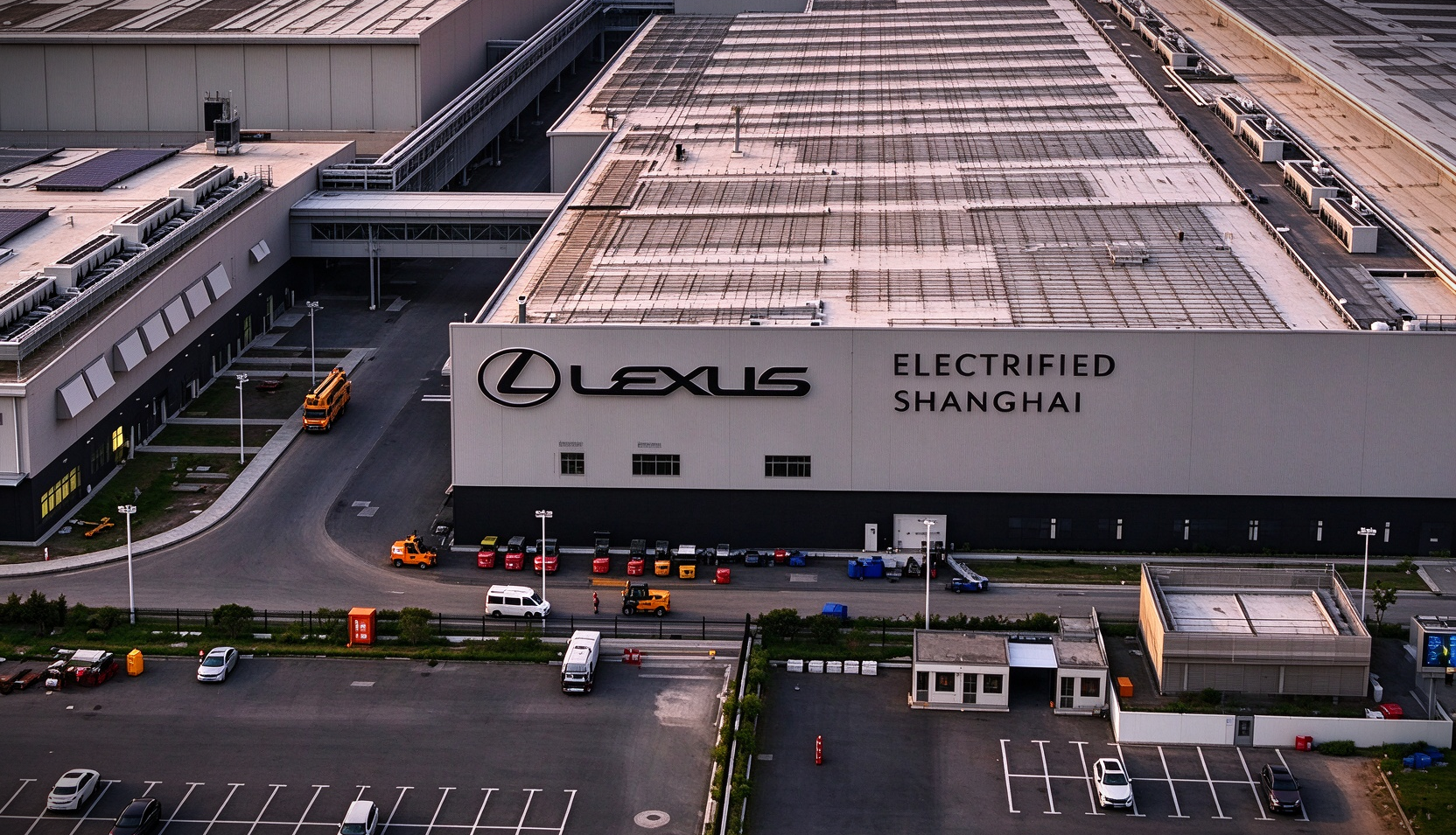 Şanghay Jinshan'daki yeni Toyota fabrikasının dış cephesi ve ön planda montaj hattındaki elektrikli SUV gövdesi