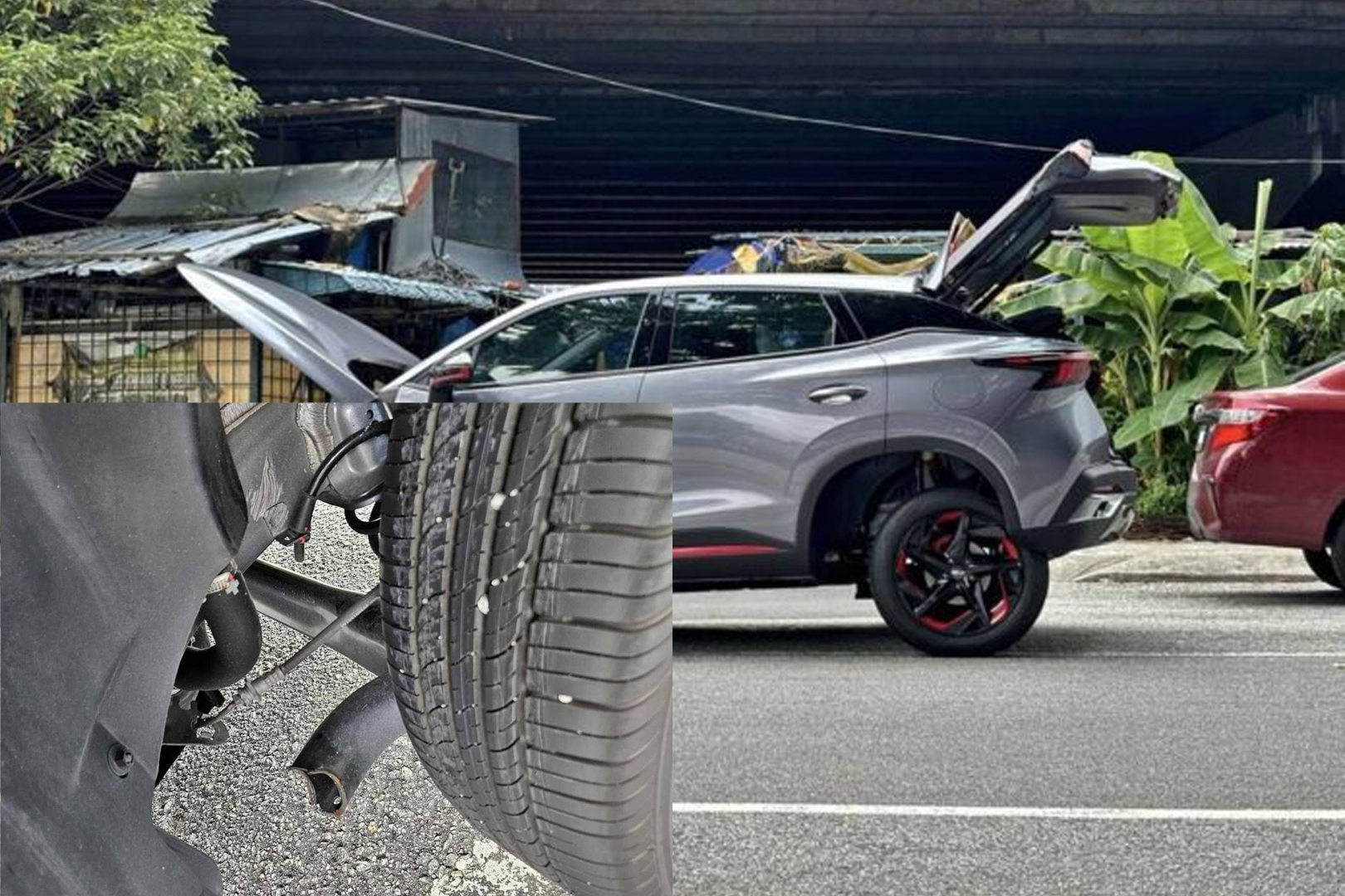Malezya'da bir Chery Omoda 5'in arka aksının koptuğu anı gösteren haber fotoğrafı.
