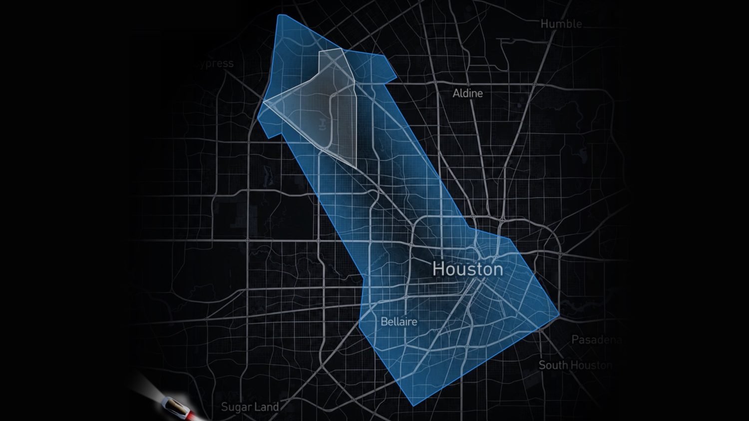 Havadan Houston şehri görüntüsü, üzerinde roket şeklinde Tesla Robotaxi hizmet bölgesi çizimi